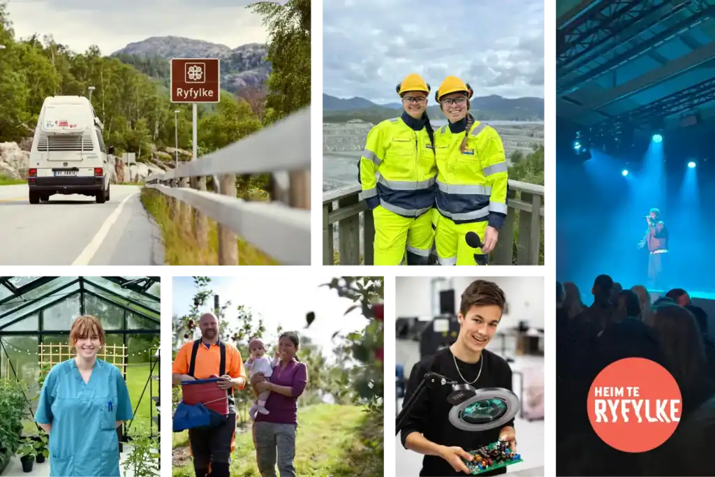 Fotocollage med 6 ulike bilder som viser unge folk i ulike arbeidssituasjonar, ein familie blant epletrær, ein bil langs nasjonal turistveg Ryfylke og av folk som står på konsert og ser på ein artist på scena.