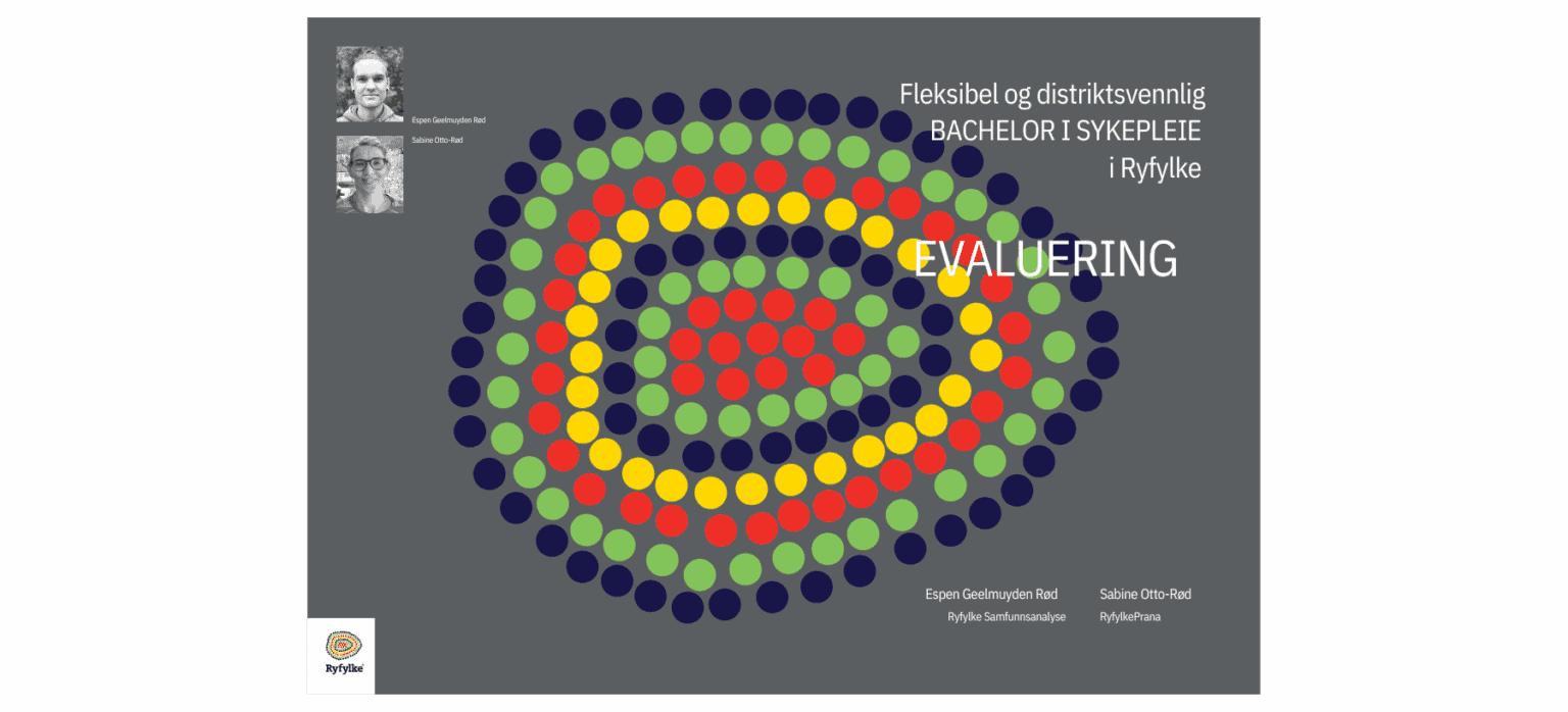 Forside til evalueringsrapporten «Fleksibel og distriktsvennleg bachelor i sjukepleie i Ryfylke», med fargerik prikk-illustrasjon.
