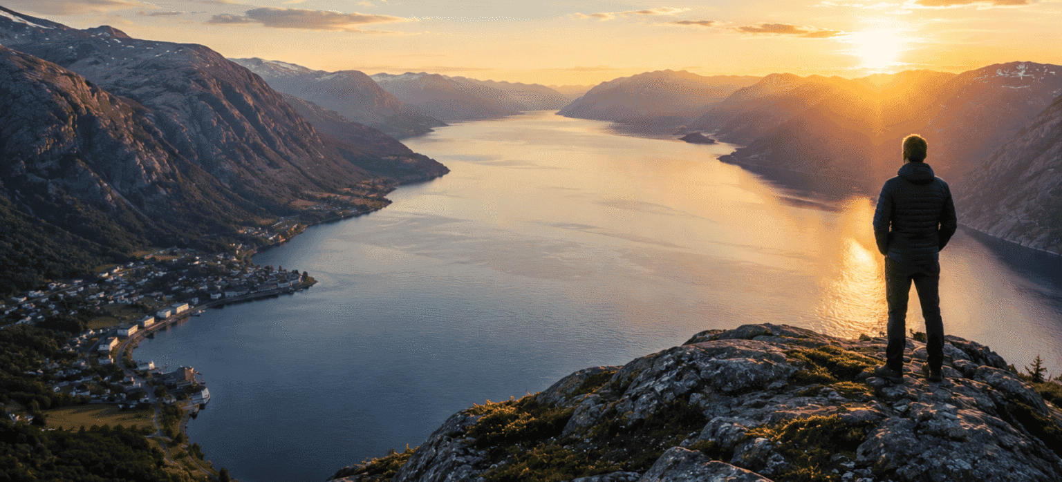 Person ser utover fjord- og fjellandskapet.